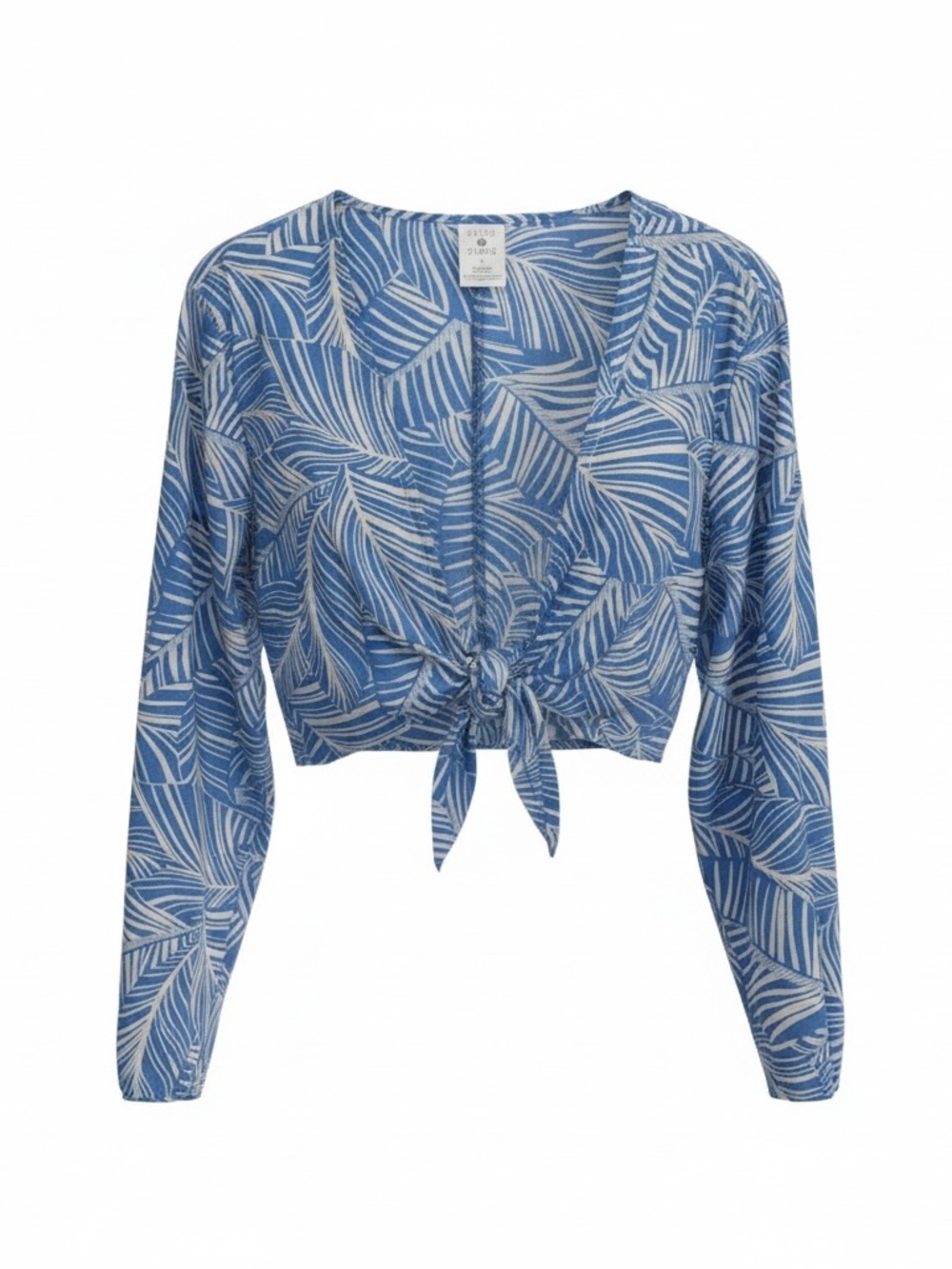 Shade & Shore Blue and White Palm-Print Tie-Front Crop Shirt